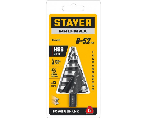 Сверло ступенчатое по металлу STAYER Pro-Max 6-52мм, 12 ступеней 29661-6-52-12