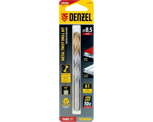 Сверло по металлу Denzel Р6М5, Golden Tip спиральное 8,5x117мм 718240