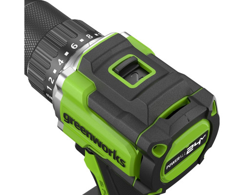 Дрель-шуруповерт аккумуляторная GREENWORKS 3708407 24V, б/щет, 30/60 Hм, Antikickback, LED, без АКБ и