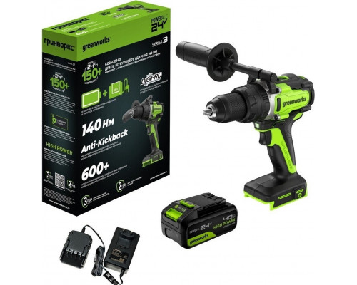 Дрель-шуруповерт аккумуляторная GREENWORKS GD24DD140 ударная, 24V, АКБ 4Ач и ЗУ 3707607CUB