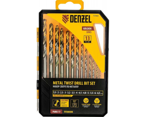 Набор сверл по металлу Denzel 723002 1,5-6,5мм, 13 шт.