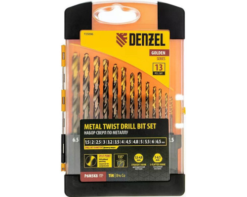 Набор сверл по металлу Denzel 723006 1,5-6,5мм, 13 шт.