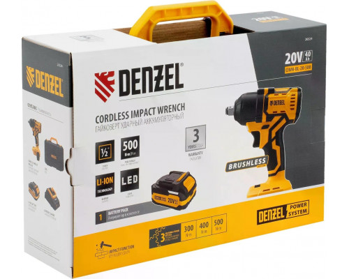 Гайковерт аккумуляторный Denzel CIWH-BL-20-500 ударный 26524