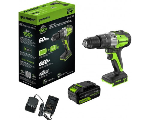 Дрель-шуруповерт аккумуляторная GREENWORKS GD24DD60 ударная, 24V, АКБ 4Ач и ЗУ 3704107CUB