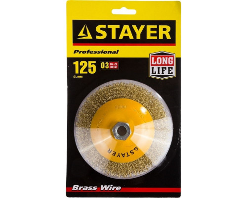 Щетка для УШМ STAYER PROFESSIONAL коническая витая стальная латунированная проволока 35133-125