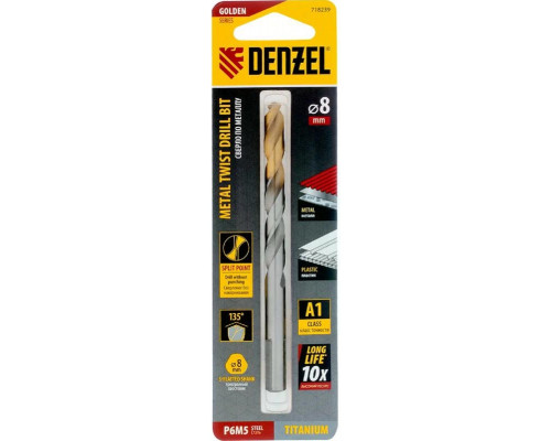 Сверло по металлу Denzel Р6М5, Golden Tip спиральное 8x117мм 718239