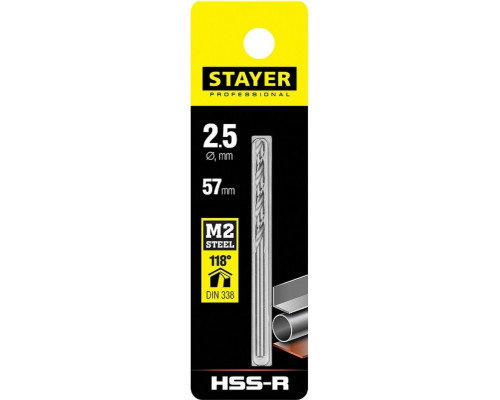 Сверло по металлу STAYER PROFI 2.5х57мм, hss-r, быстрорежущая сталь м2(s6-5-2) 29602-2.5