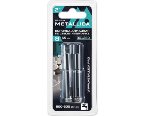 Алмазная коронка для мокрого сверления METALLICA Optima 8x55 мм #80 по стеклу, плитке, 2 шт 901380