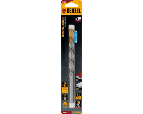 Сверло по металлу Denzel Р6М5, Golden Tip спиральное 10х184 мм, удлиненное 718263