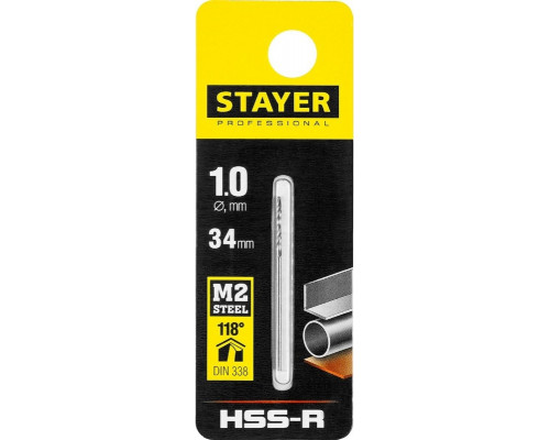 Сверло по металлу STAYER PROFI 1.0х34мм, hss-r, быстрорежущая сталь м2(s6-5-2) 29602-1