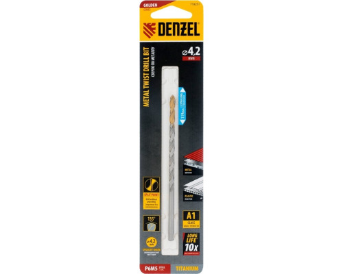 Сверло по металлу Denzel Р6М5, Golden Tip спиральное 4,2х119 мм, удлиненное 718251
