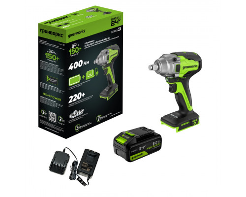 Гайковерт аккумуляторный GREENWORKS GD24IW400 ударный, 24V, АКБ 5Ач и ЗУ 3802907CUG