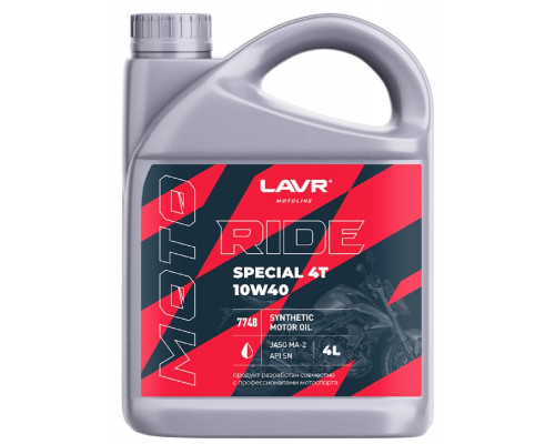 Масло для мотоциклов LAVR MOTO RIDE SPECIAL 4T 10W40 SN, 4 л Ln7748