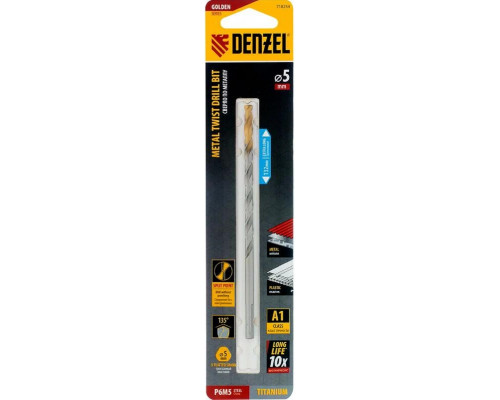 Сверло по металлу Denzel Р6М5, Golden Tip спиральное 5х132 мм, удлиненное 718254