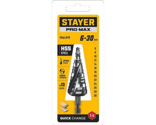 Сверло ступенчатое по металлу STAYER Pro-Max 6-30мм, 13 ступеней 29661-6-30-13