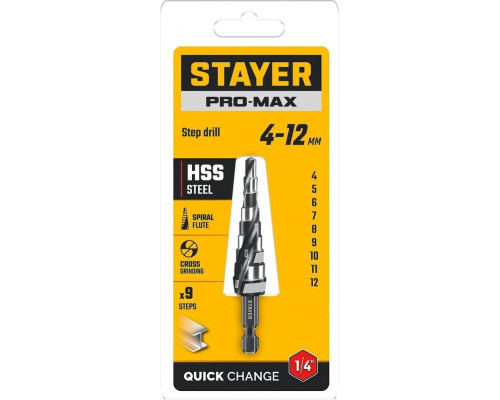 Сверло ступенчатое по металлу STAYER Pro-Max 4-12мм, 9 ступеней 29661-4-12-9