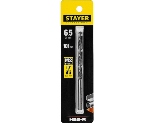 Сверло по металлу STAYER PROFI 6.5х101мм, hss-r, быстрорежущая сталь м2(s6-5-2) 29602-6.5