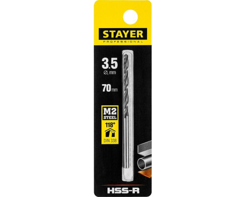 Сверло по металлу STAYER PROFI 3.5х70мм, hss-r, быстрорежущая сталь м2(s6-5-2) 29602-3.5