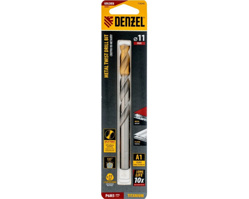 Сверло по металлу Denzel Р6М5, Golden Tip спиральное 11x142мм 718243
