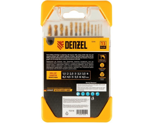 Набор сверл по металлу Denzel HSS-Tin, Golden Tip 1,5-6,5 мм, 13 шт 72318