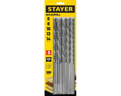 Набор сверл по дереву STAYER Maxdrill 5 шт., 6-8-10-12-14х300 мм, спиральных 2943-300-H5_z01