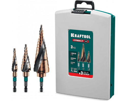 Набор сверл по металлу ступенчатых KRAFTOOL IMPACT COBALT 4-32мм, 3 шт. 29691-4-32-H3