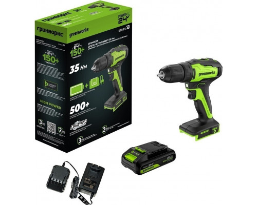 Дрель-шуруповерт аккумуляторная GREENWORKS GD24DD35 24V, АКБ 2Ач и ЗУ 3704007CUA