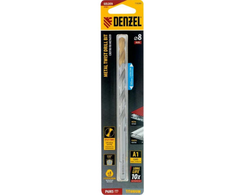 Сверло по металлу Denzel Р6М5, Golden Tip спиральное 8х165 мм, удлиненное 718260
