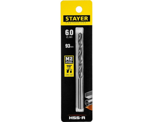 Сверло по металлу STAYER PROFI 6.0х93мм, hss-r, быстрорежущая сталь м2(s6-5-2) 29602-6