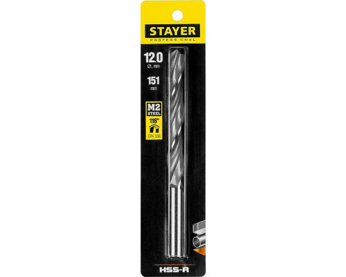 Сверло по металлу STAYER PROFI 12.0х151мм, hss-r, быстрорежущая сталь м2(s6-5-2) 29602-12