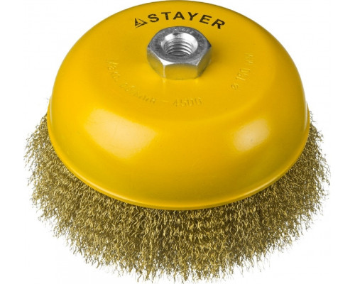 Щетка для УШМ STAYER PROFESSIONAL чашечная витая стальная латунированная проволока 0 35125-150