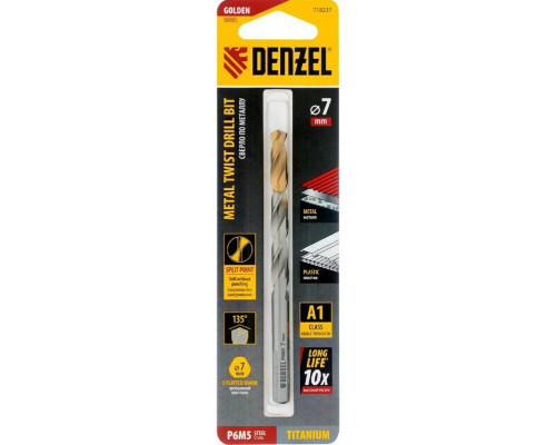Сверло по металлу Denzel Р6М5, Golden Tip спиральное 7,0x109мм 718237