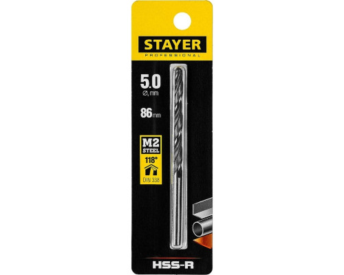 Сверло по металлу STAYER PROFI 5.0х86мм, hss-r, быстрорежущая сталь м2(s6-5-2) 29602-5
