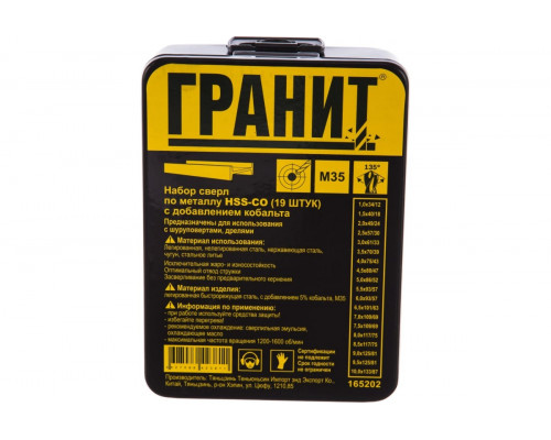 Набор сверл по металлу ГРАНИТ HSS-Co, 19 шт. 165202
