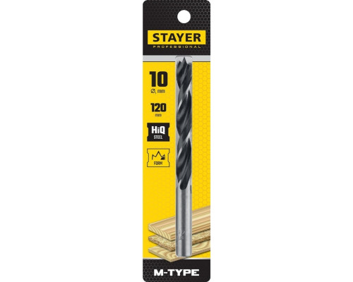 Сверло по дереву STAYER M-type 10,0x120/75мм, спиральное м-образная заточка 2942-120-10_z02