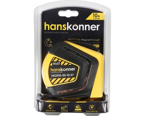 Рулетка HANSKONNER HK2010-02-10-27 противоударная с обрезиненным корпусом и магнитом