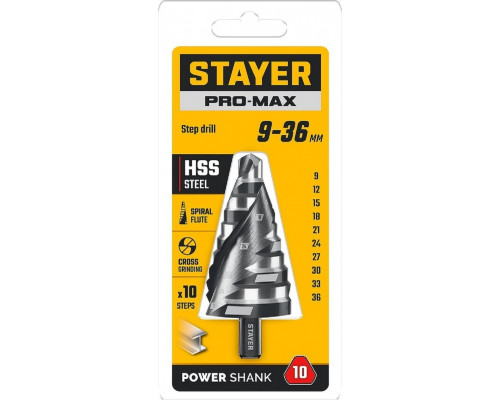 Сверло ступенчатое по металлу STAYER Pro-Max 9-36мм, 10 ступеней 29661-9-36-10