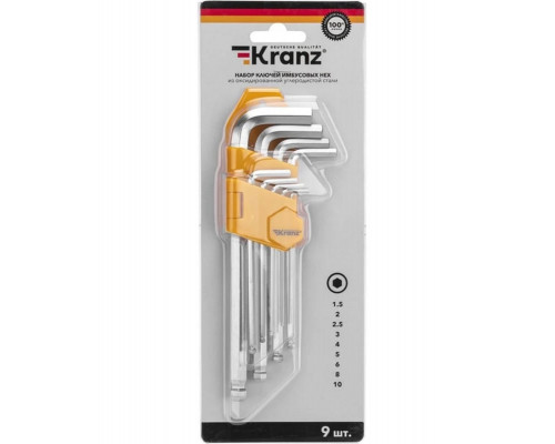 Набор ключей шестигранных Kranz KR-12-5211 HEX 1,5-10 мм, удлиненные с шаром, 9 шт., CrV