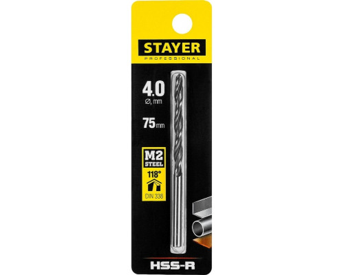 Сверло по металлу STAYER PROFI 4.0х75мм, hss-r, быстрорежущая сталь м2(s6-5-2) 29602-4
