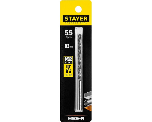 Сверло по металлу STAYER PROFI 5.5х93мм, hss-r, быстрорежущая сталь м2(s6-5-2) 29602-5.5