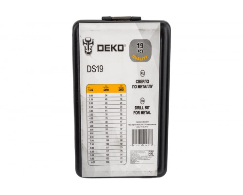 Набор сверл по металлу DEKO DS19 в металлическом кейсе, 1-10 мм, 19 шт 065-0543
