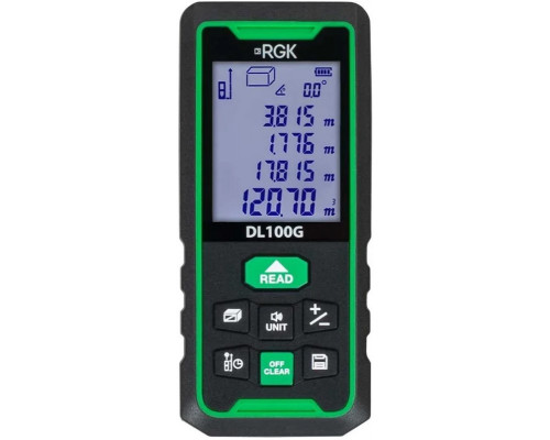 Лазерный дальномер RGK DL100G с поверкой, зеленый луч, с угломером 755740