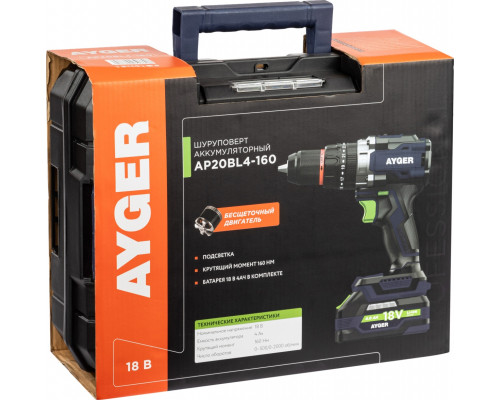 Дрель-шуруповерт аккумуляторная AYGER AP20BL4-160