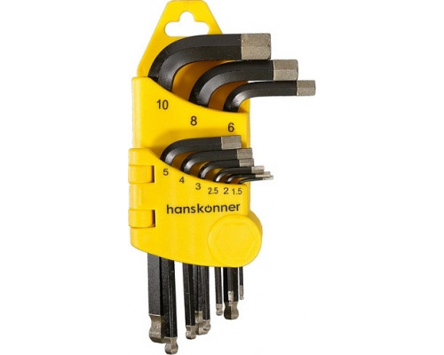 Набор ключей шестигранных HANSKONNER HK1045-04-9-S, короткие, S2, шар наконечник, алмаз, 9 шт (1.5-10 мм)