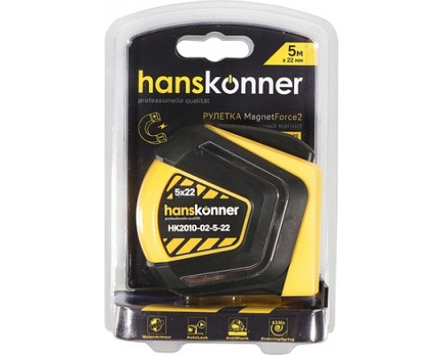 Рулетка HANSKONNER HK2010-02-5-22 с автостопом, противоударным обрезиненным корпусом и магнитом
