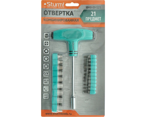 Отвертка с битами Sturm 1040-09-S21 21пред, маг. након., эргоном.т-образная ручка