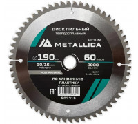 Пильный диск по алюминию/пластику METALLICA Optima 190x20/16 мм, 60 зубов, Т=2,4 мм 903315