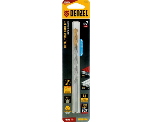 Сверло по металлу Denzel Р6М5, Golden Tip спиральное 7,0х156 мм, удлиненное 718258