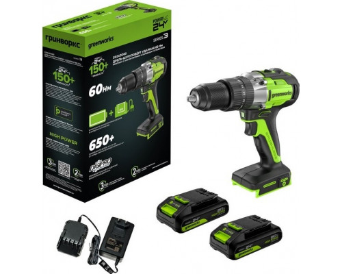 Дрель-шуруповерт аккумуляторная GREENWORKS GD24DD60 ударная, 24V, 2 АКБ 2Ач и ЗУ 3704107CUC