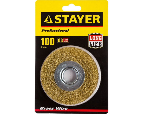 Щетка для УШМ STAYER PROFESSIONAL витая стальная латунированная проволока 0,3мм, 100 35122-100